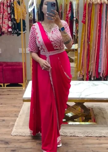 Heavy Chinon Party Wear Embroidered Ready Saree With Stitched Blouse