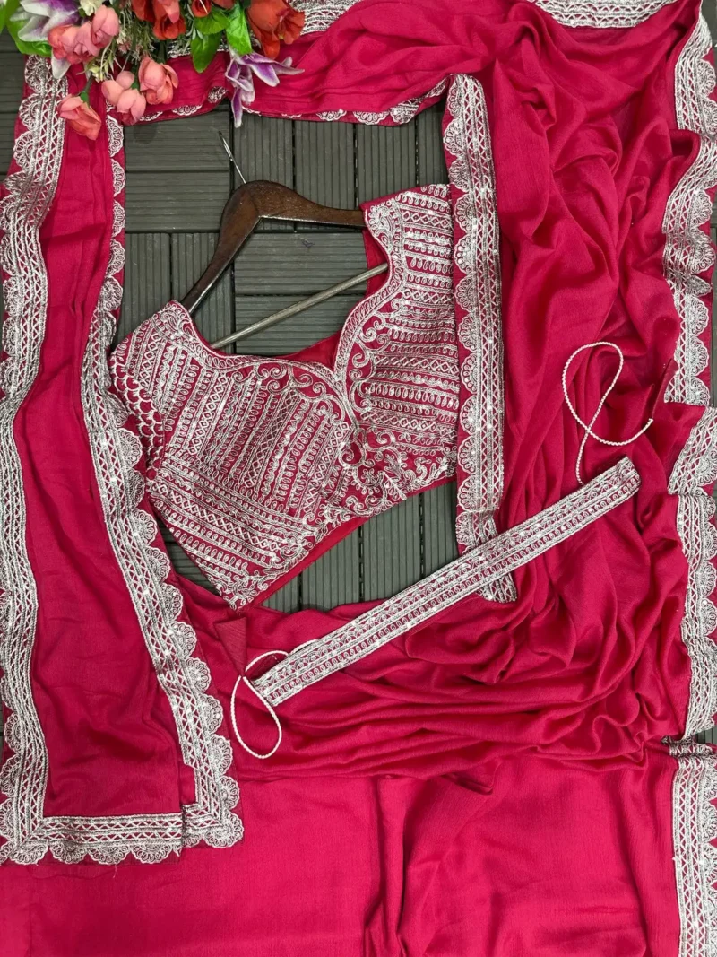 Heavy Chinon Party Wear Embroidered Ready Saree With Stitched Blouse