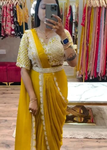 Heavy Chinon Party Wear Embroidered Ready Saree With Stitched Blouse