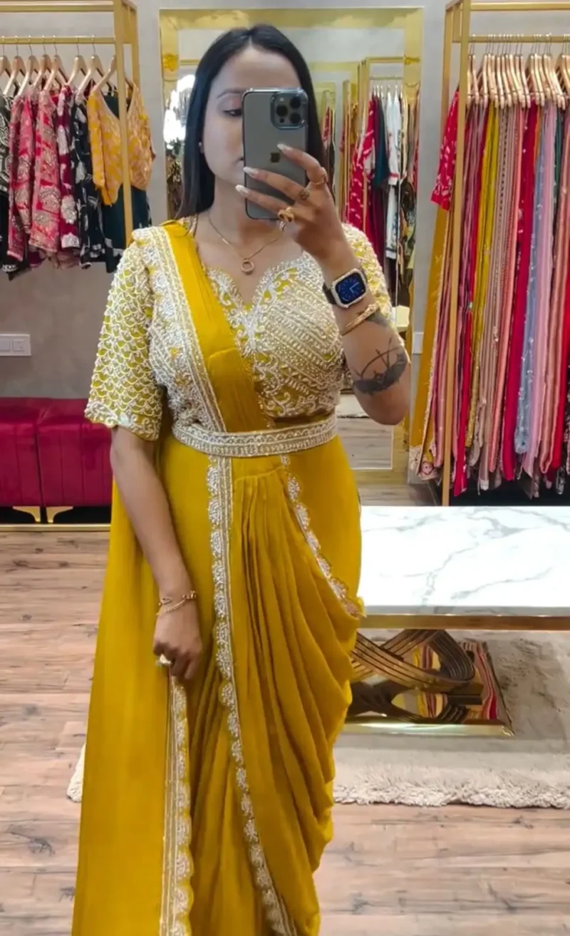 Heavy Chinon Party Wear Embroidered Ready Saree With Stitched Blouse