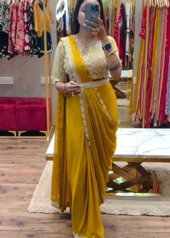 Heavy Chinon Party Wear Embroidered Ready Saree With Stitched Blouse