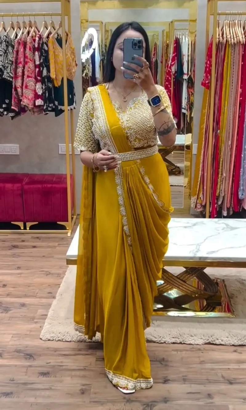 Heavy Chinon Party Wear Embroidered Ready Saree With Stitched Blouse