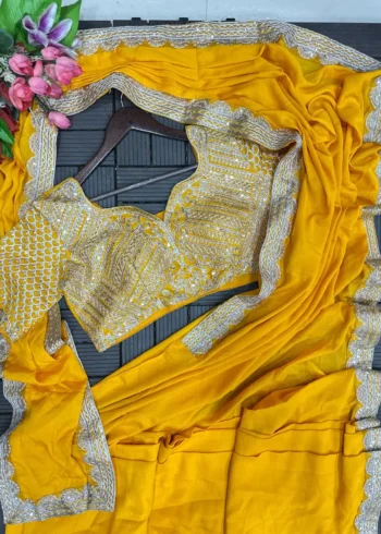 Heavy Chinon Party Wear Embroidered Ready Saree With Stitched Blouse