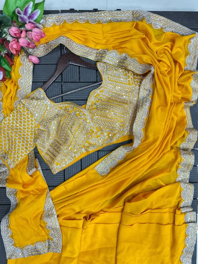 Heavy Chinon Party Wear Embroidered Ready Saree With Stitched Blouse