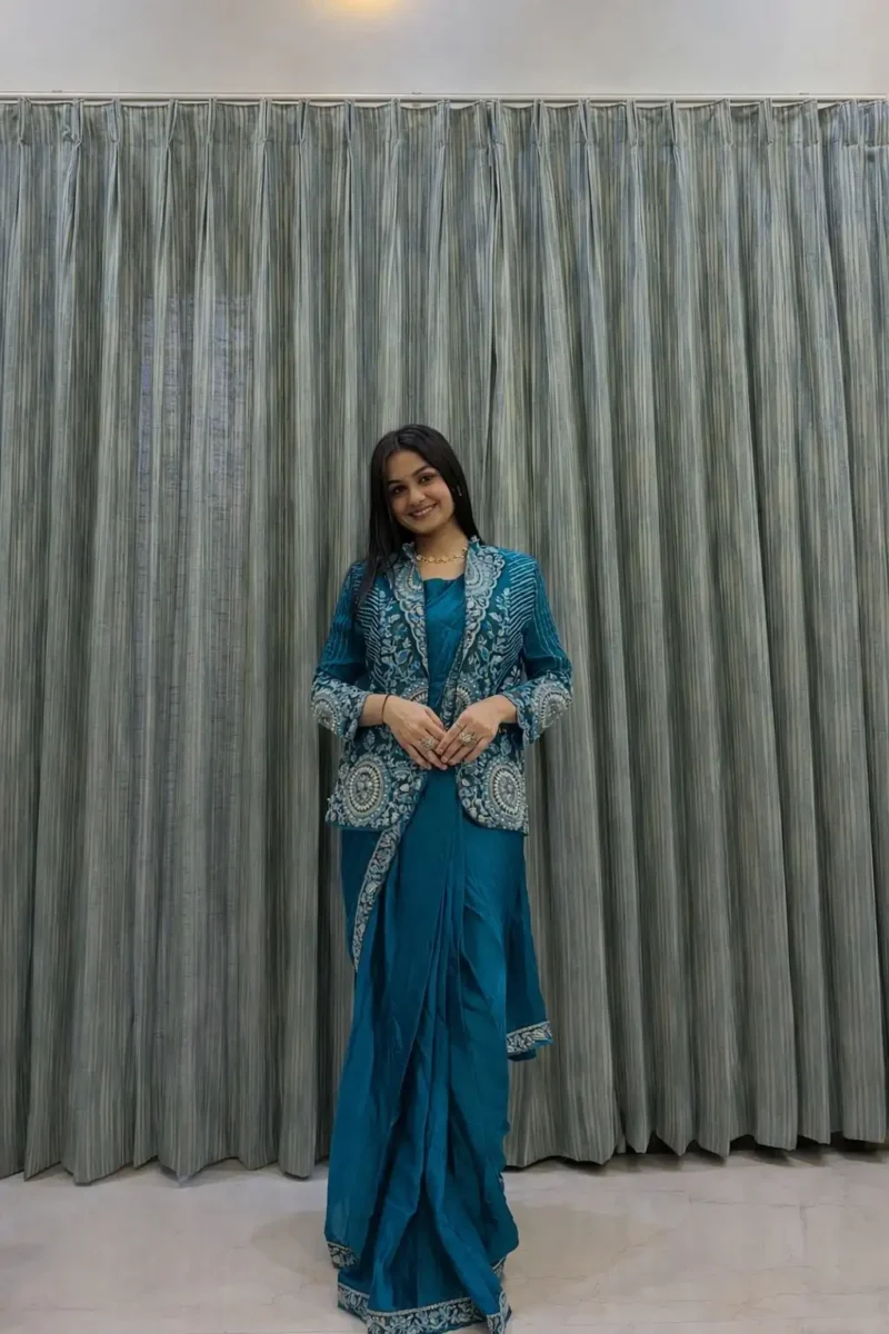 Indowestern Designer Embroidered Stitched Saree With Koti