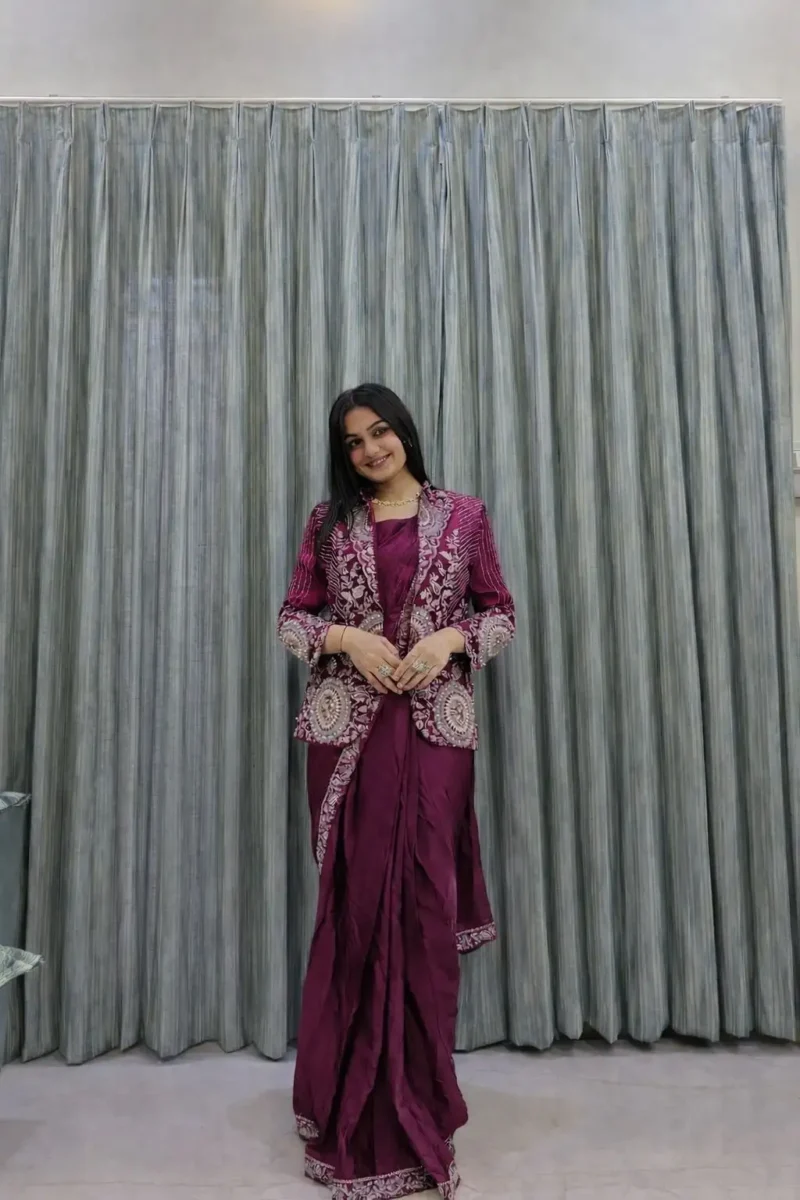 Indowestern Designer Embroidered Stitched Saree With Koti