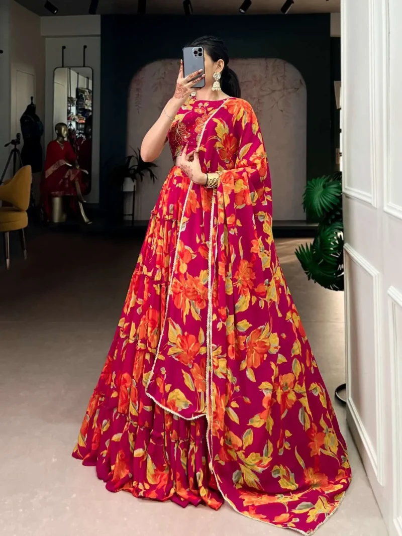 Marble Floral Printed Festive Wear Designer Lehenga