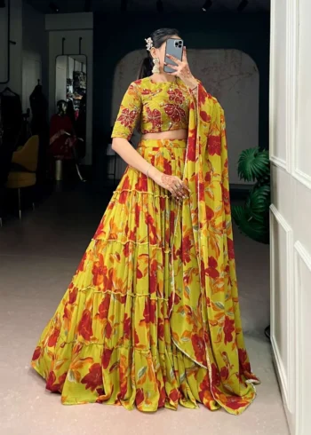 Marble Floral Printed Festive Wear Designer Lehenga