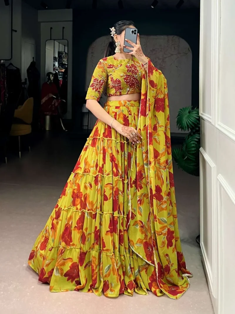 Marble Floral Printed Festive Wear Designer Lehenga