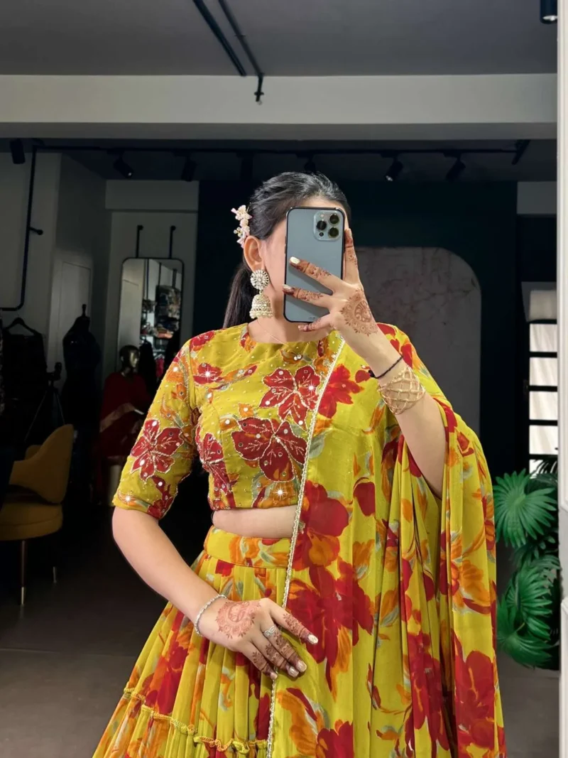 Marble Floral Printed Festive Wear Designer Lehenga