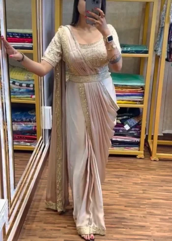 Party Wear Embroidered Ready To Wear Saree With Stitched Blouse
