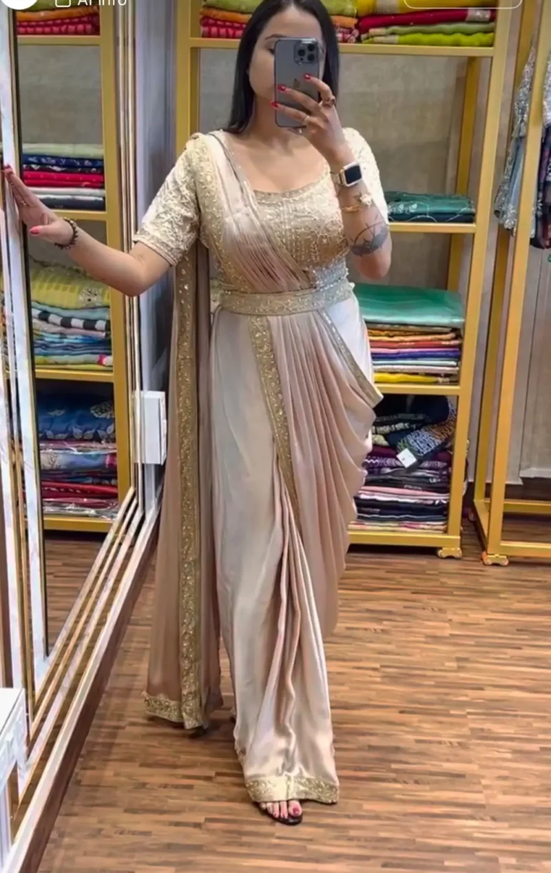 Party Wear Embroidered Ready To Wear Saree With Stitched Blouse