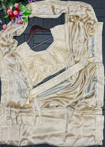 Party Wear Embroidered Ready To Wear Saree With Stitched Blouse