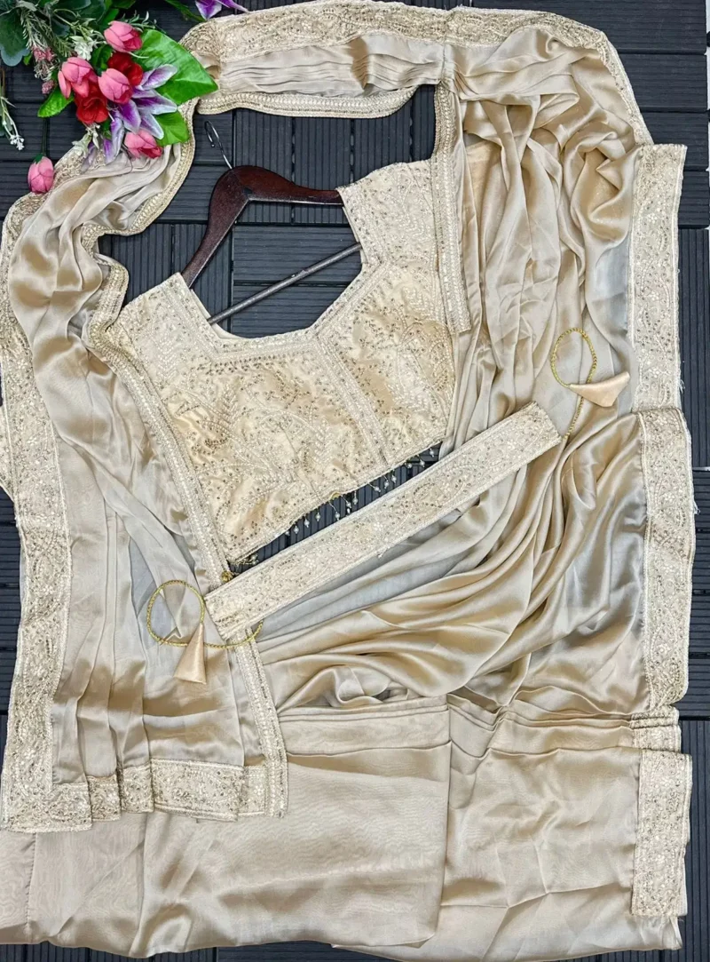 Party Wear Embroidered Ready To Wear Saree With Stitched Blouse
