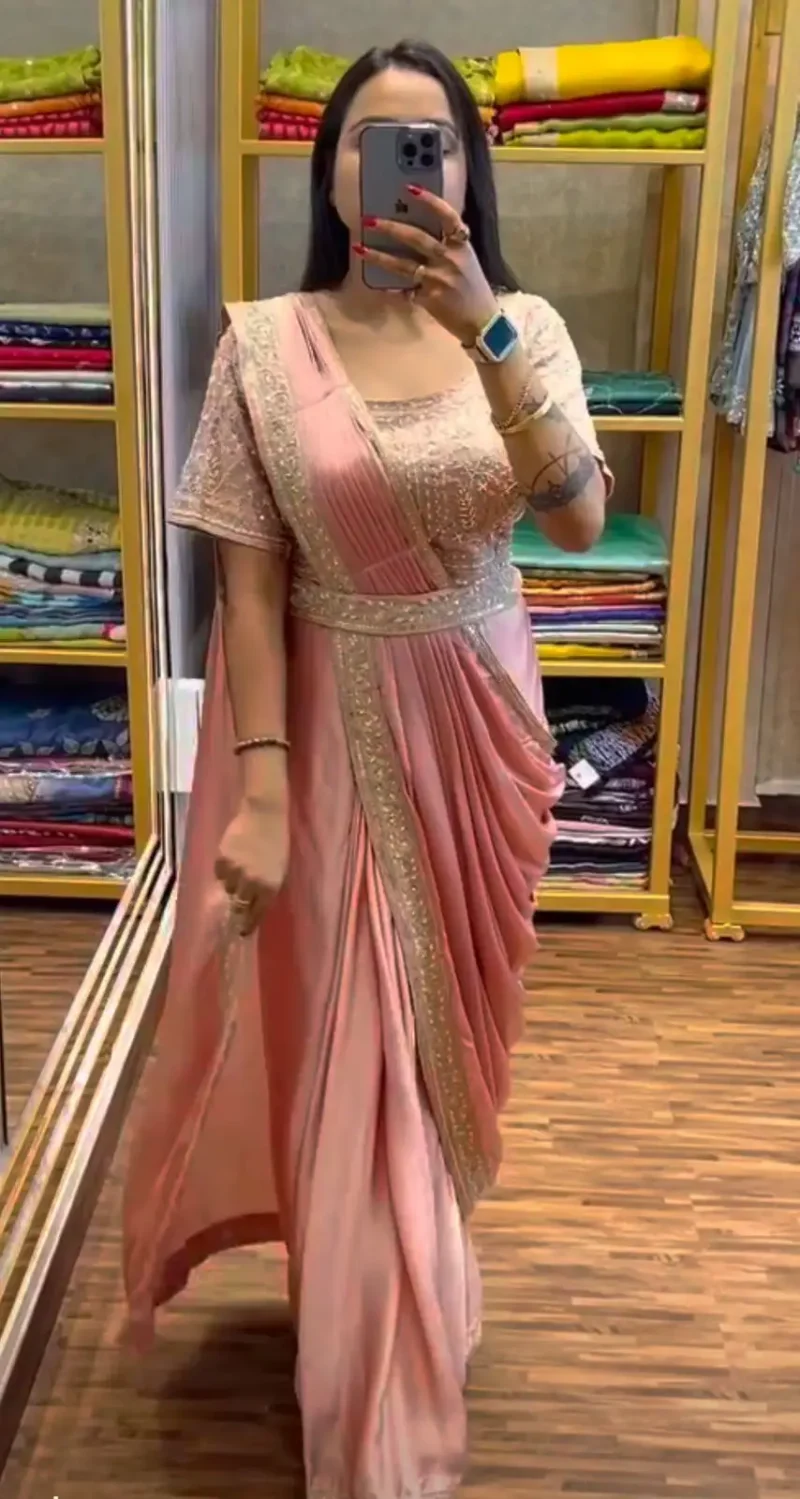Party Wear Embroidered Ready To Wear Saree With Stitched Blouse