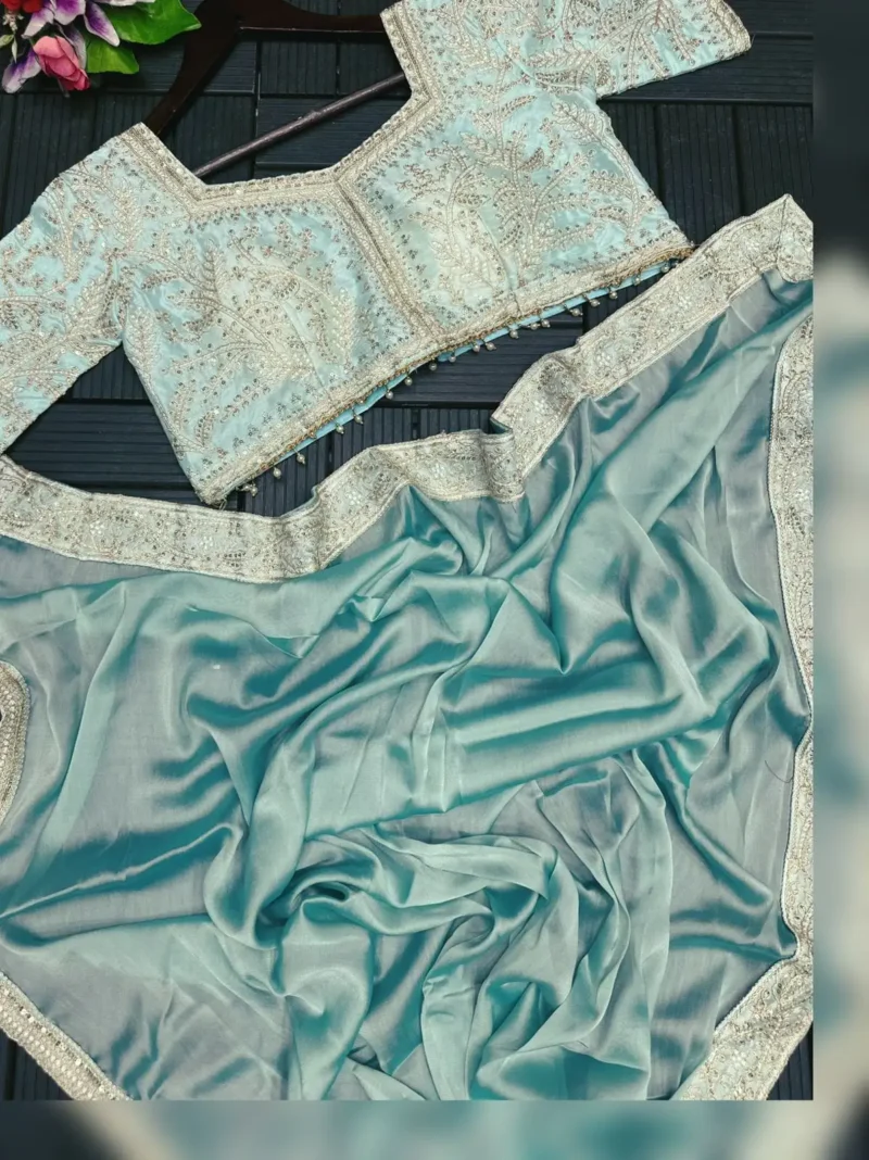 Party Wear Embroidered Ready To Wear Saree With Stitched Blouse