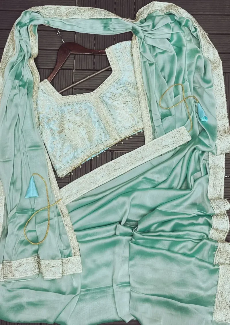 Party Wear Embroidered Ready To Wear Saree With Stitched Blouse