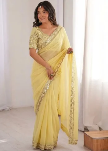 Pastel Yellow Moss Chifffon Designer Saree