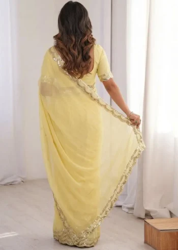 Pastel Yellow Moss Chifffon Designer Saree