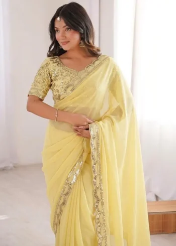 Pastel Yellow Moss Chifffon Designer Saree