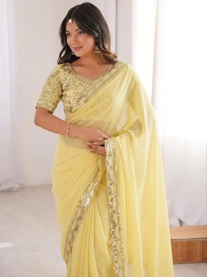 Pastel Yellow Moss Chifffon Designer Saree
