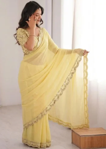 Pastel Yellow Moss Chifffon Designer Saree