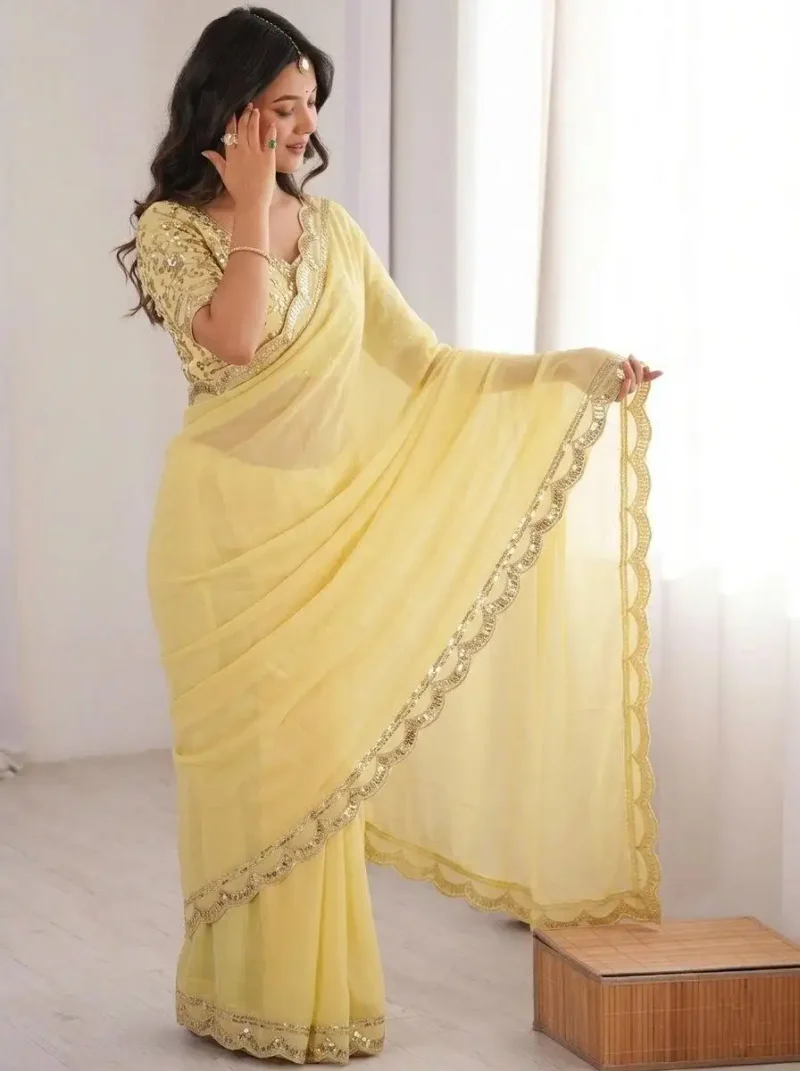 Pastel Yellow Moss Chifffon Designer Saree