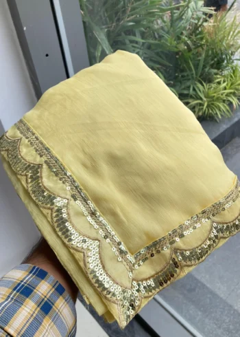 Pastel Yellow Moss Chifffon Designer Saree