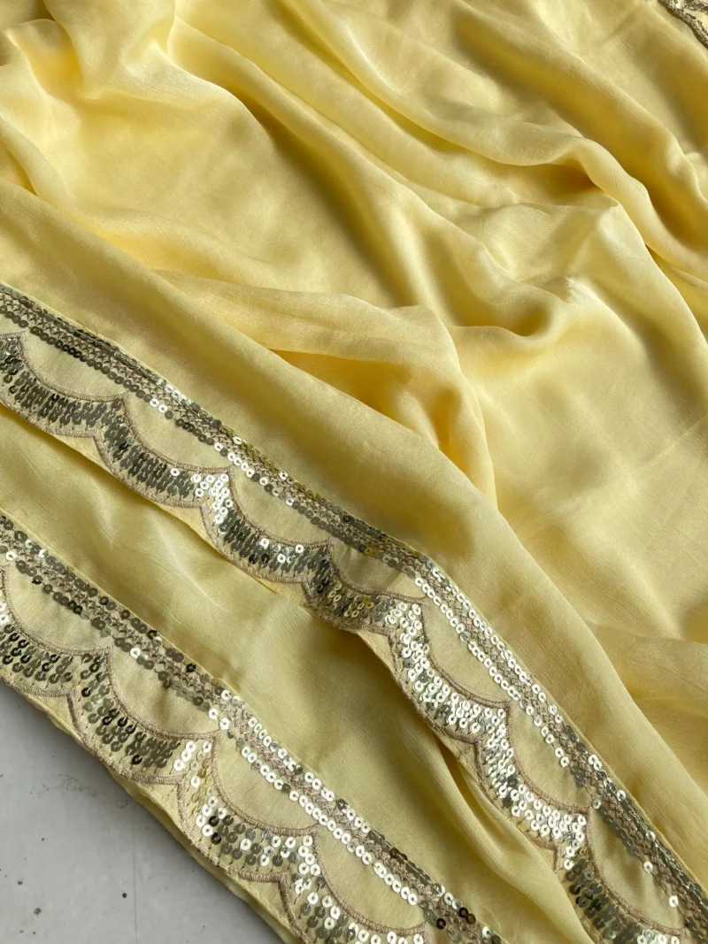 Pastel Yellow Moss Chifffon Designer Saree