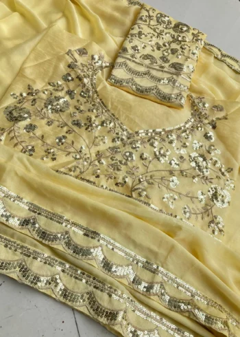 Pastel Yellow Moss Chifffon Designer Saree