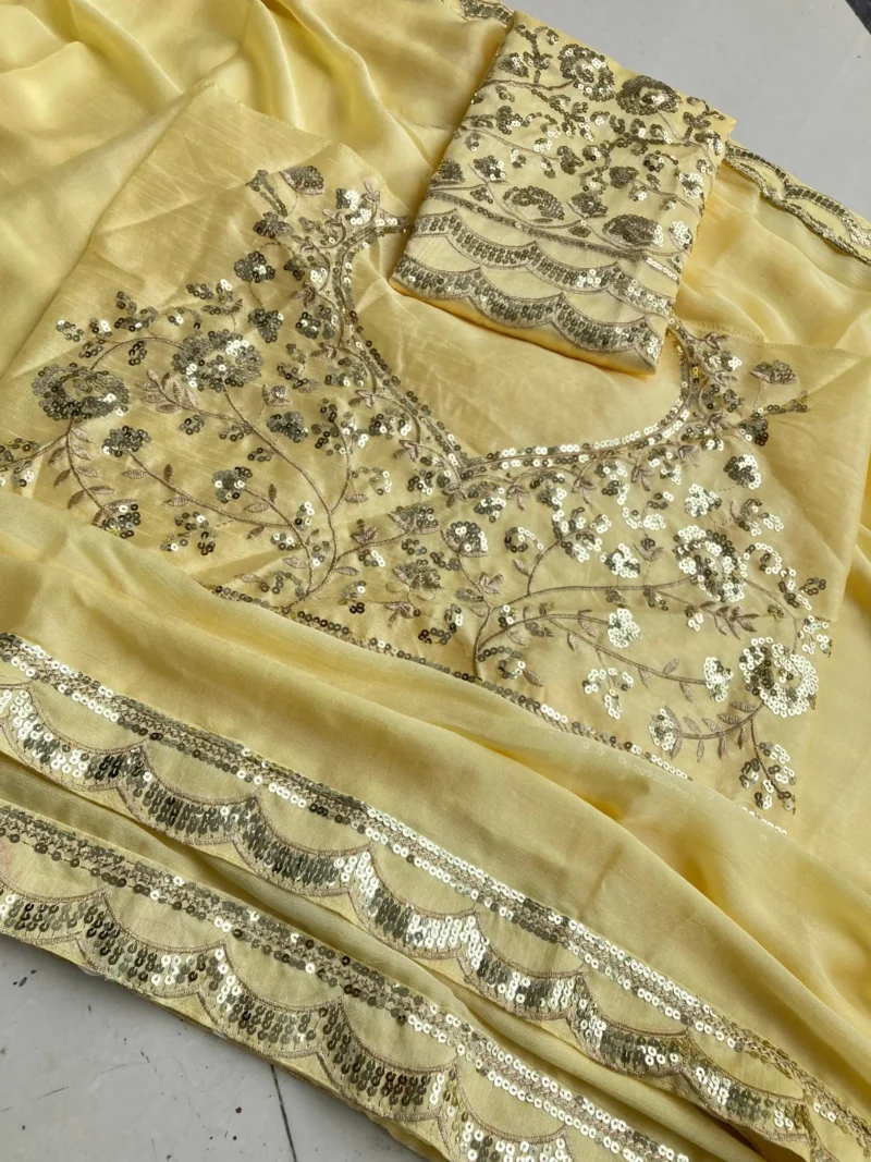 Pastel Yellow Moss Chifffon Designer Saree