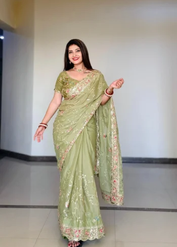 Pista Green Soft Star Georgette Party Wear Designer Saree