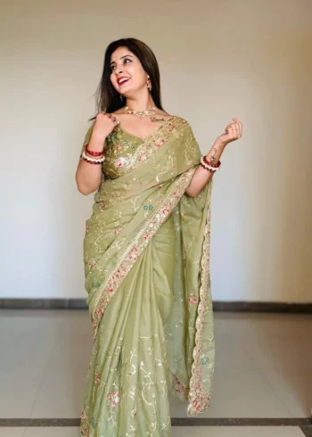 Pista Green Soft Star Georgette Party Wear Designer Saree