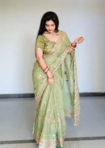 Pista Green Soft Star Georgette Party Wear Designer Saree