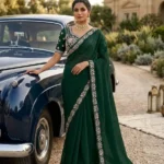 Sequence Embroidered Satin Silk Wedding Saree With Stitched Blouse