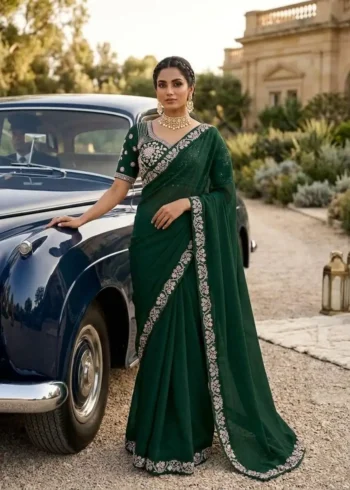 Sequence Embroidered Satin Silk Wedding Saree With Stitched Blouse