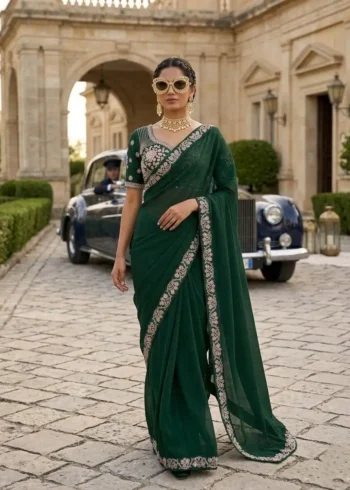 Sequence Embroidered Satin Silk Wedding Saree With Stitched Blouse