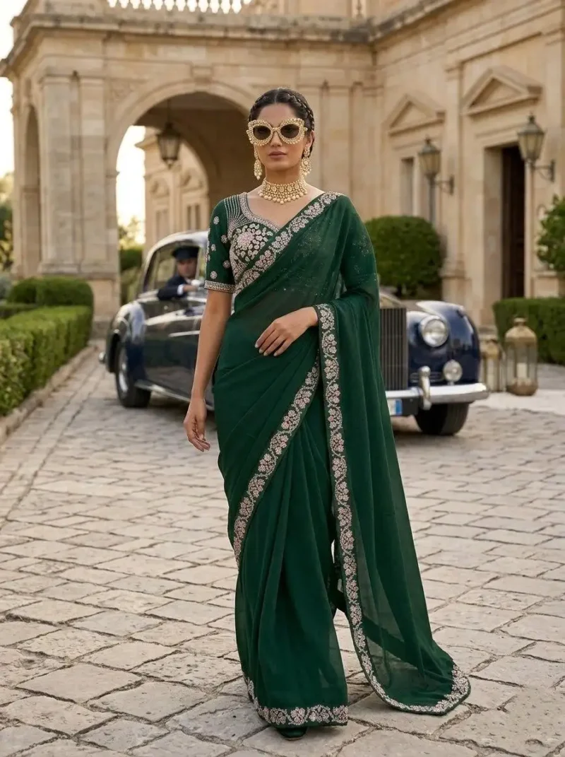 Sequence Embroidered Satin Silk Wedding Saree With Stitched Blouse