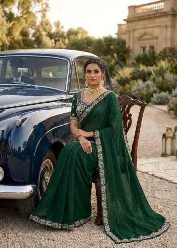 Sequence Embroidered Satin Silk Wedding Saree With Stitched Blouse