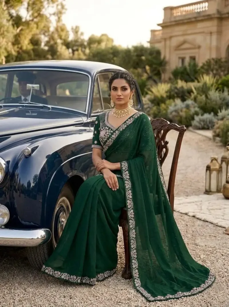 Sequence Embroidered Satin Silk Wedding Saree With Stitched Blouse