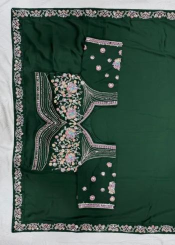Sequence Embroidered Satin Silk Wedding Saree With Stitched Blouse