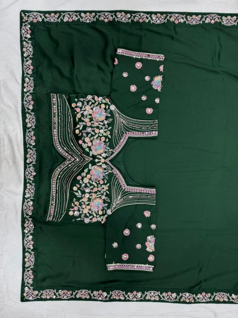 Sequence Embroidered Satin Silk Wedding Saree With Stitched Blouse
