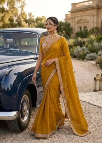 Sequence Embroidered Satin Silk Wedding Saree With Stitched Blouse