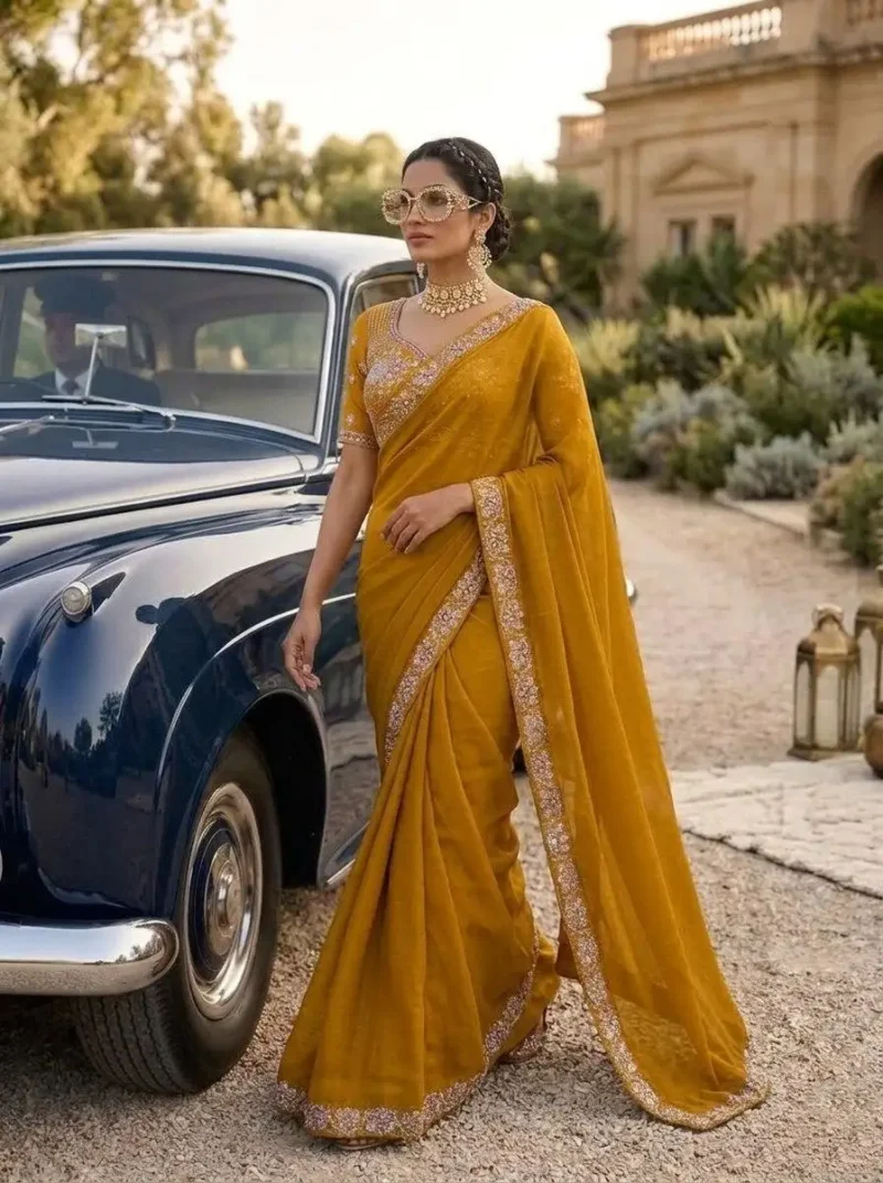 Sequence Embroidered Satin Silk Wedding Saree With Stitched Blouse
