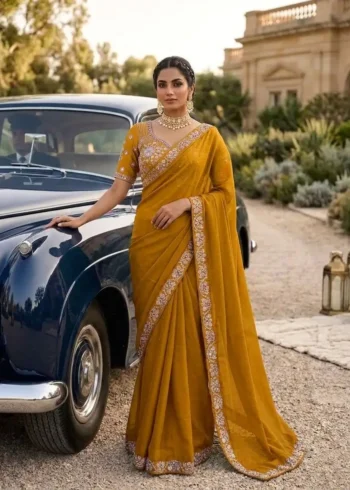 Sequence Embroidered Satin Silk Wedding Saree With Stitched Blouse