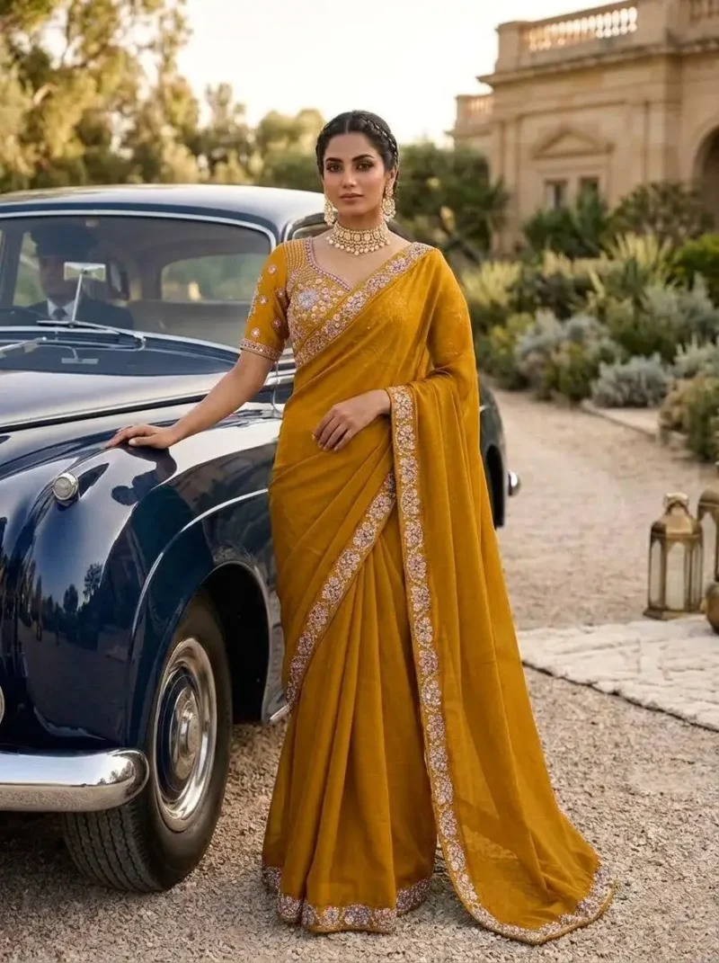 Sequence Embroidered Satin Silk Wedding Saree With Stitched Blouse