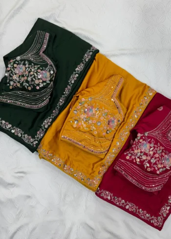 Sequence Embroidered Satin Silk Wedding Saree With Stitched Blouse