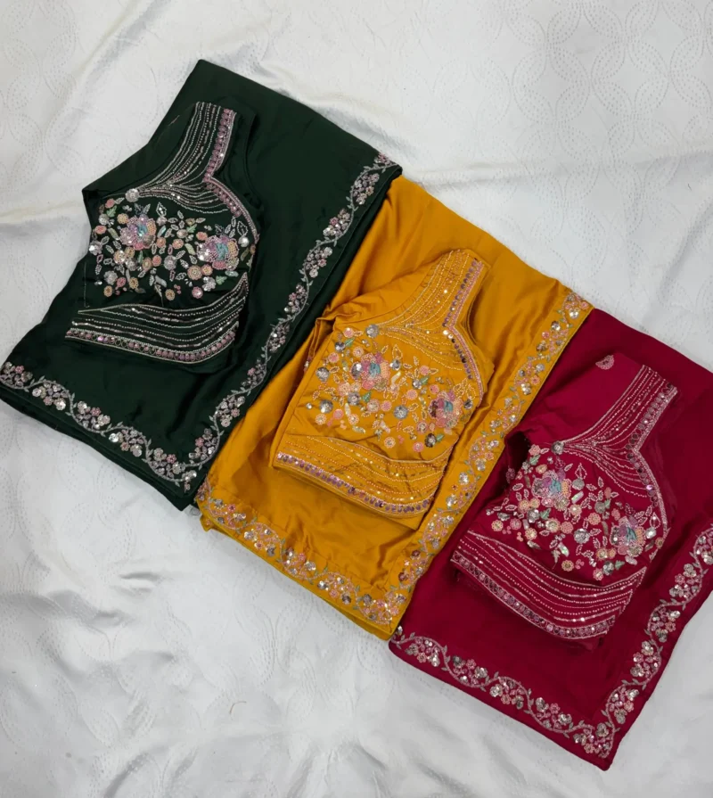 Sequence Embroidered Satin Silk Wedding Saree With Stitched Blouse