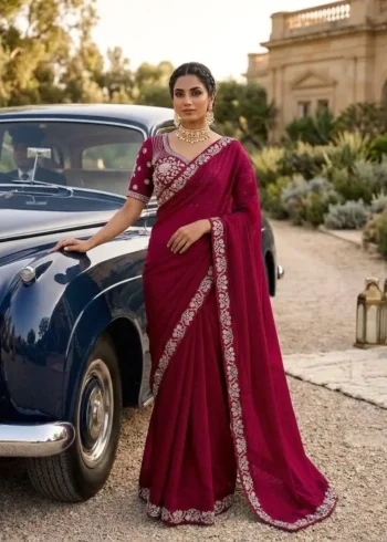 Sequence Embroidered Satin Silk Wedding Saree With Stitched Blouse