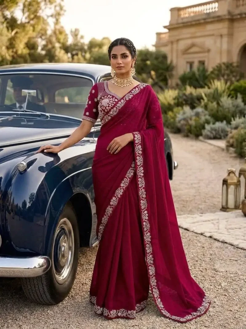 Sequence Embroidered Satin Silk Wedding Saree With Stitched Blouse